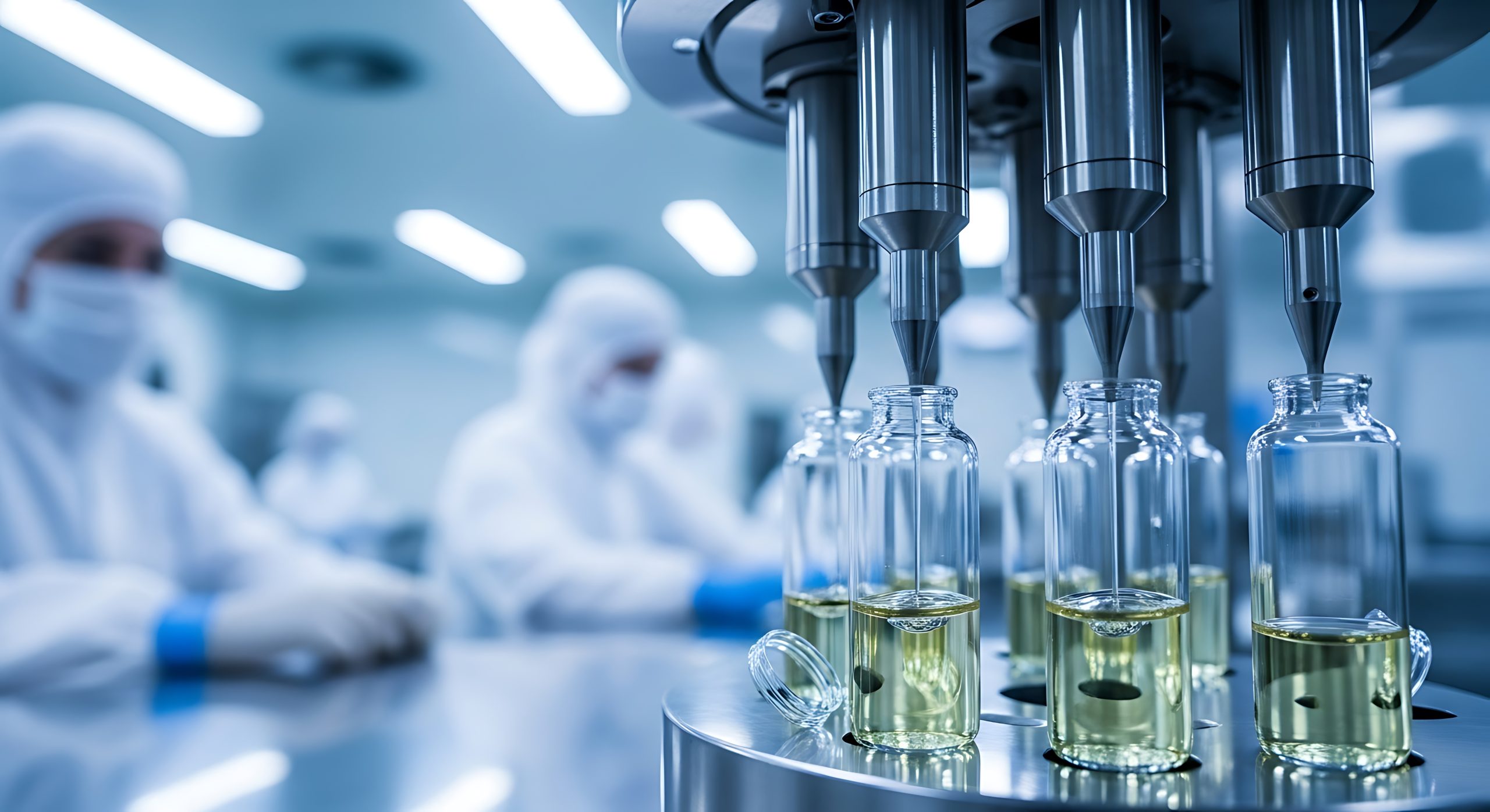 Laboratory equipment filling glass vials in a medical research environment
