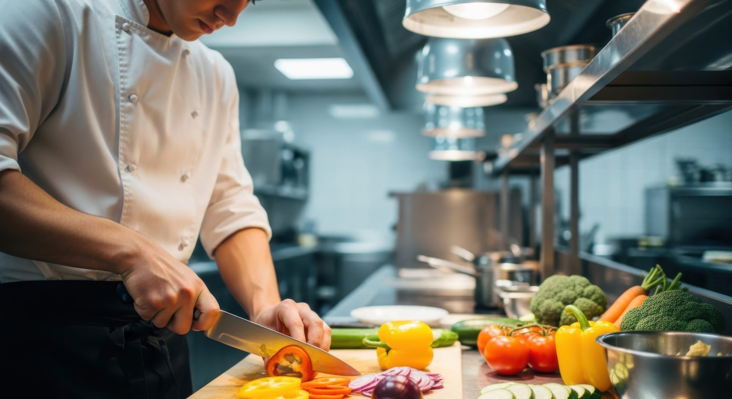 Chef preparing food in a professional commercial kitchen